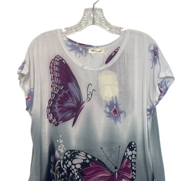 Ace Fashion Butterfly Print Short Sleeve Shirt Top Womens Small Gray Pink New - Picture 3 of 9